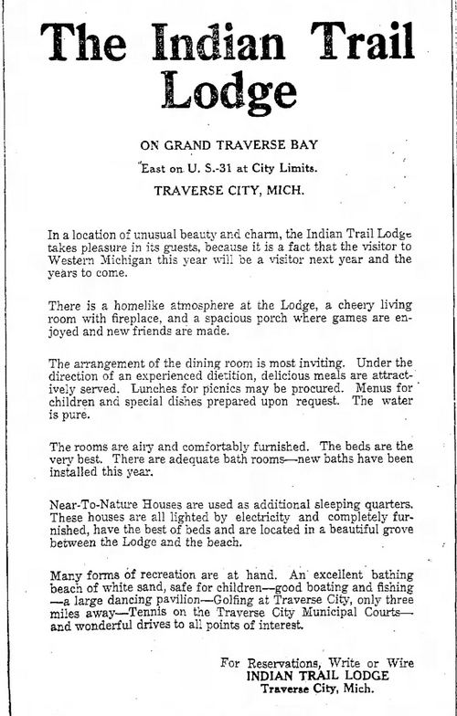 Indian Trail Lodge - June 27 1927 Ad For Original Lodge